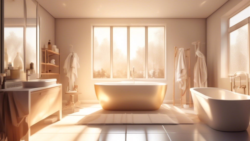 A pristine, modern bathroom with gleaming fixtures, a luxurious bathtub, and sunlight streaming through a window. A checklist floats beside it with 10 items marked complete.