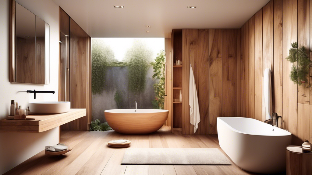 A modern bathroom with sleek fixtures and natural wood accents, split in half by a scale balancing functionality and style.