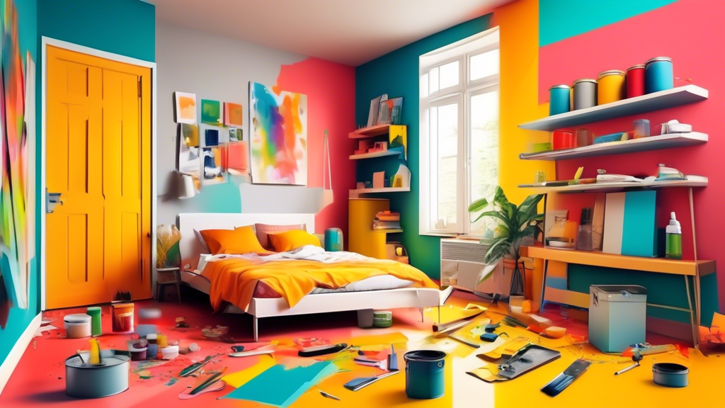 A bedroom being remodeled with bright, sunny colors, tools and paint cans scattered around.