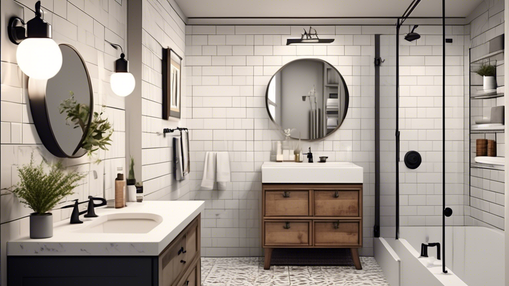 A stylish bathroom with modern fixtures, a walk-in shower with subway tile, and updated lighting, emphasizing affordability and DIY elements.