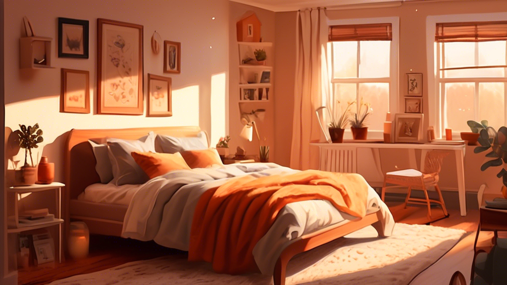 A cozy bedroom with DIY furniture upgrades, painted accent walls, and thrifted decor, bathed in warm, inviting light.