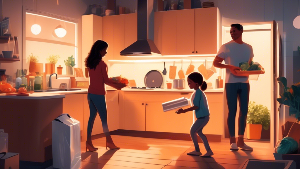 A modern kitchen with brand new stainless steel appliances, shining under bright lights, with a family happily unpacking groceries in the background.