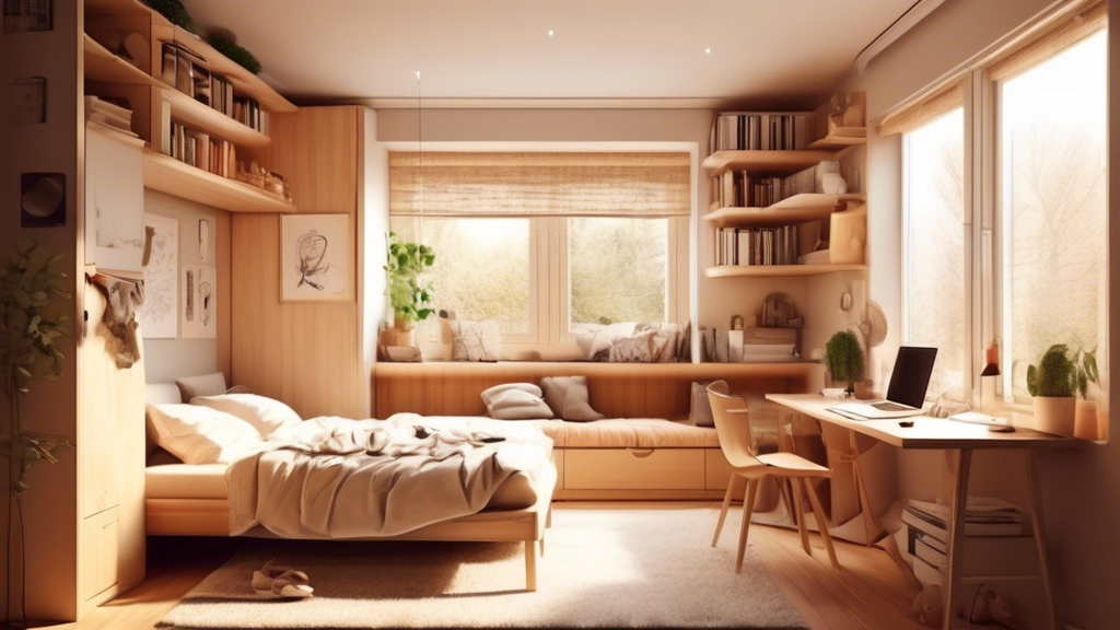 A small, cozy bedroom transformed with multifunctional furniture and space-saving solutions, bathed in natural light.