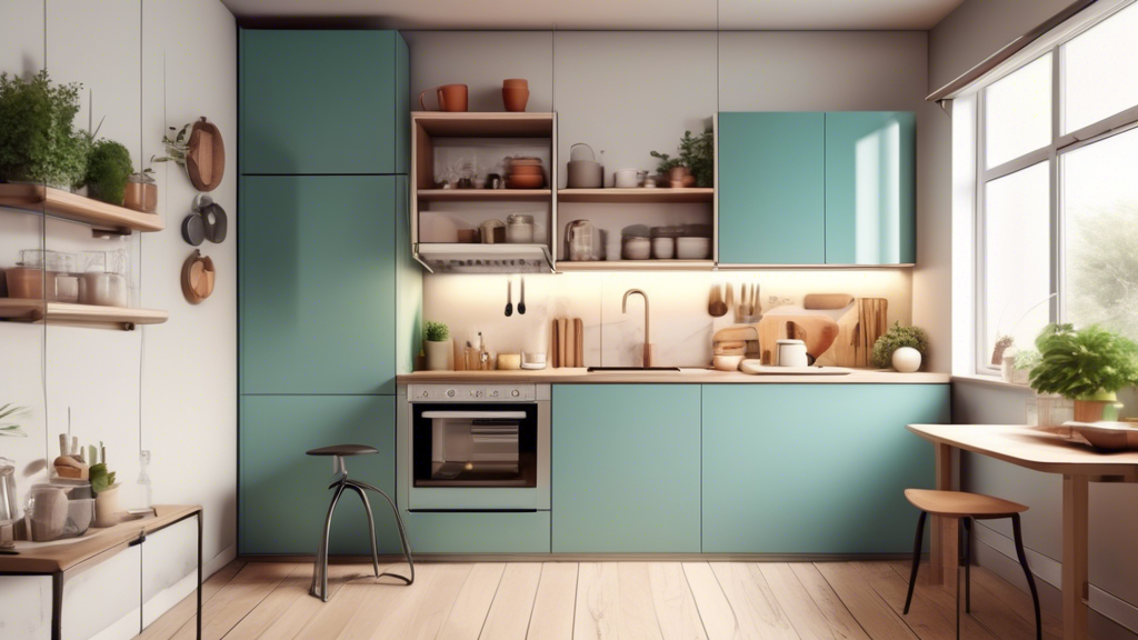 A small, compact kitchen space with clever storage solutions and transforming furniture, bright lighting, with a modern and efficient design.