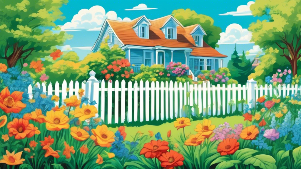 A lush green garden overflowing with colorful flowers, replacing a dull, grassy yard, with a white picket fence and a bright blue sky.