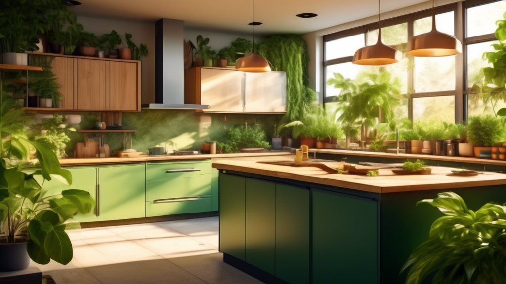 A modern kitchen with lush green plants, recycled materials, and energy-efficient appliances, bathed in warm sunlight.