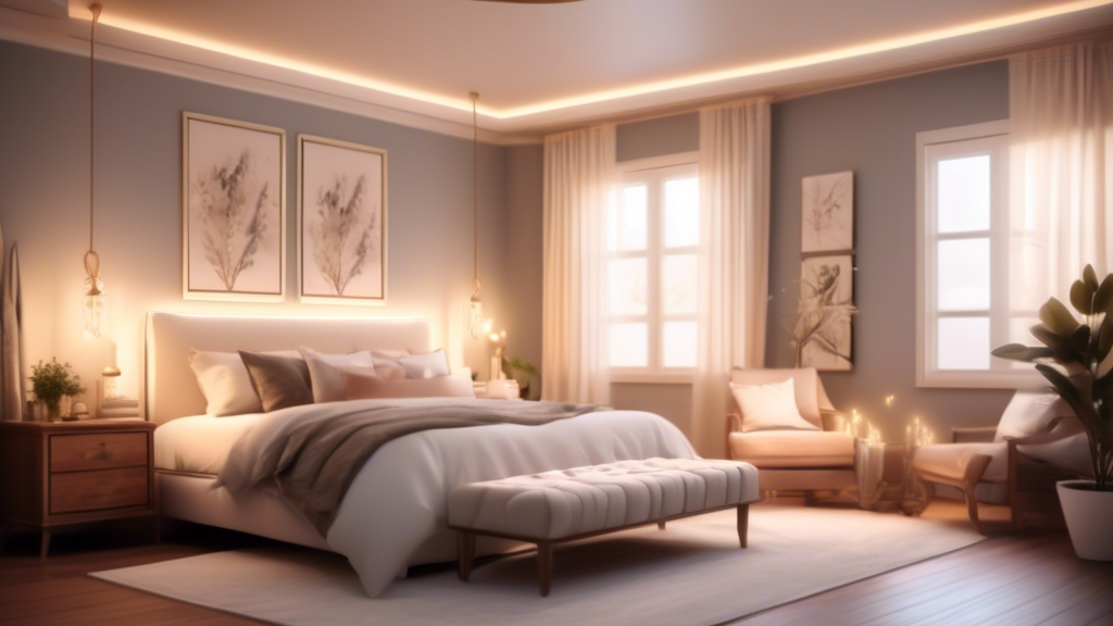 A cozy and serene master bedroom sanctuary with soft lighting, luxurious bedding, and stylish decor.