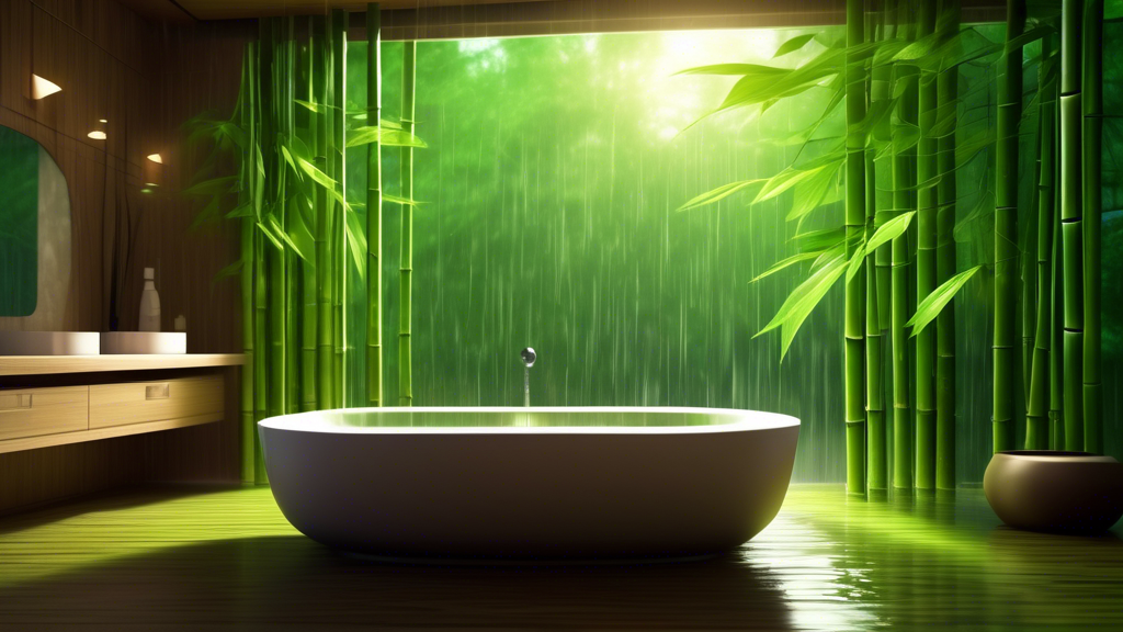 A zen bathroom with bamboo accents, a large window overlooking a lush forest, and a rain showerhead, with a glowing green leaf superimposed in the reflection of the water.