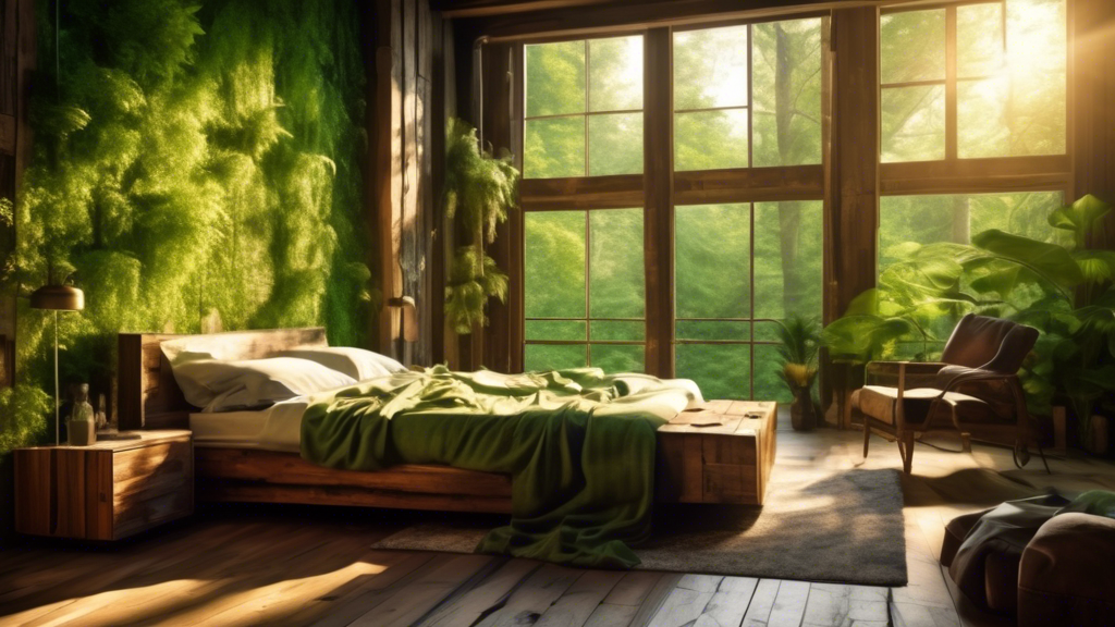 A bedroom with lush green walls, furniture made of reclaimed wood, and large windows overlooking a forest, sunlight streaming in.