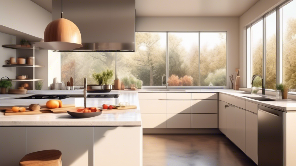 A modern kitchen with gleaming countertops, state-of-the-art appliances, and natural light pouring in from a large window.