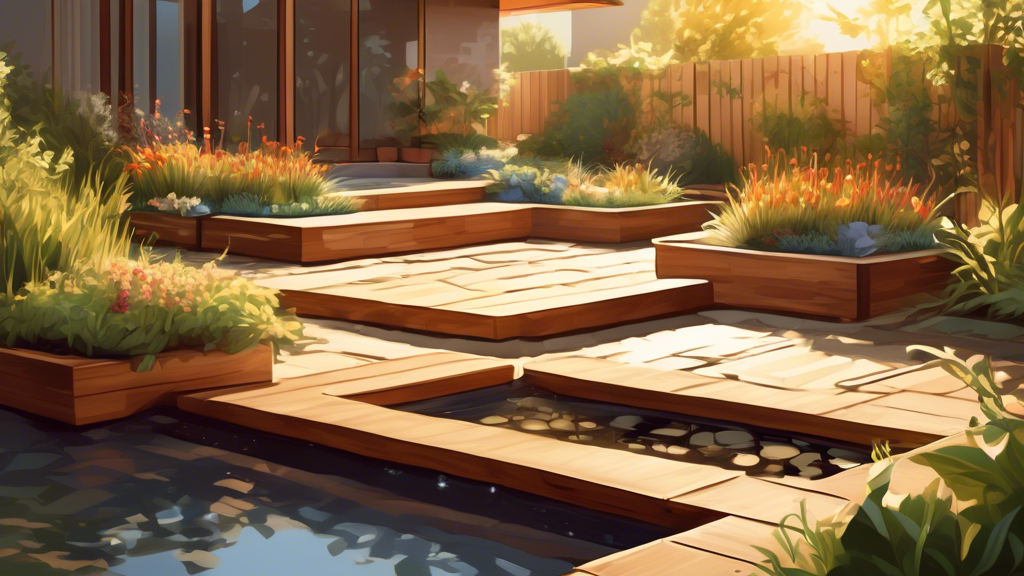 A backyard garden with decorative stone paths, raised beds made of sleek wood, and a small water feature, bathed in warm sunlight.