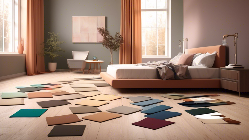 A bedroom with a variety of flooring samples neatly arranged on the floor in front of a color palette.