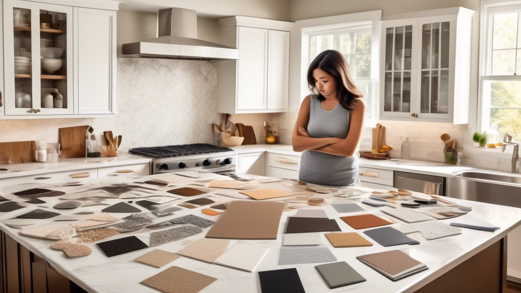 A homeowner overwhelmed by a wide variety of kitchen countertop samples spread out on their kitchen counters.