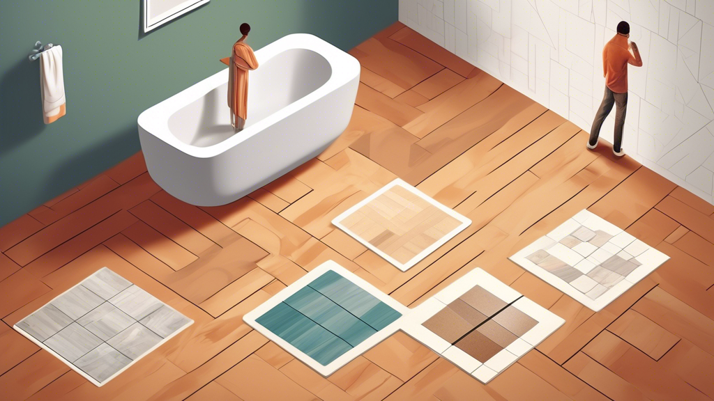 A person standing in a bathroom deciding between different flooring material samples: wood, tile, vinyl.