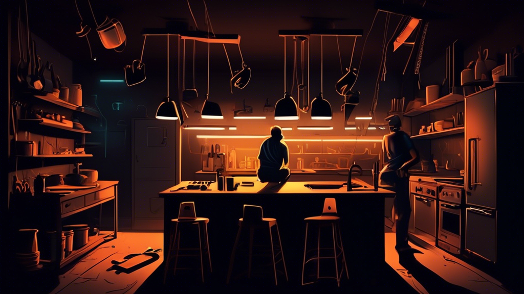 A dark kitchen being dramatically illuminated by glowing, modern light fixtures being installed by a person surrounded by construction tools.