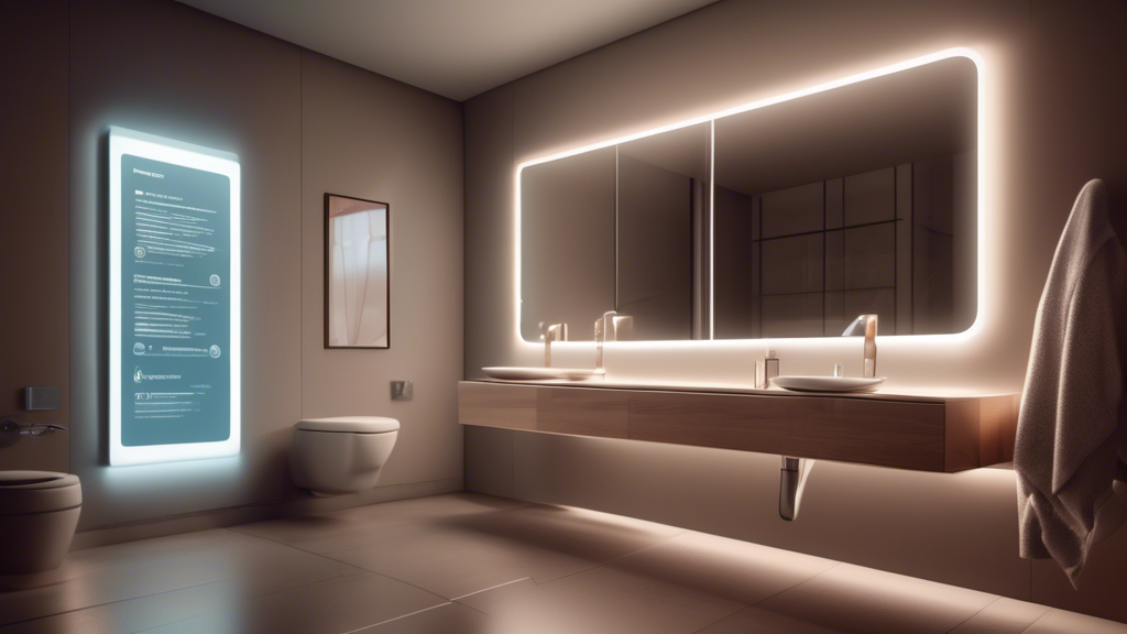 A modern bathroom with sleek fixtures, soft lighting, and a smart mirror displaying information.