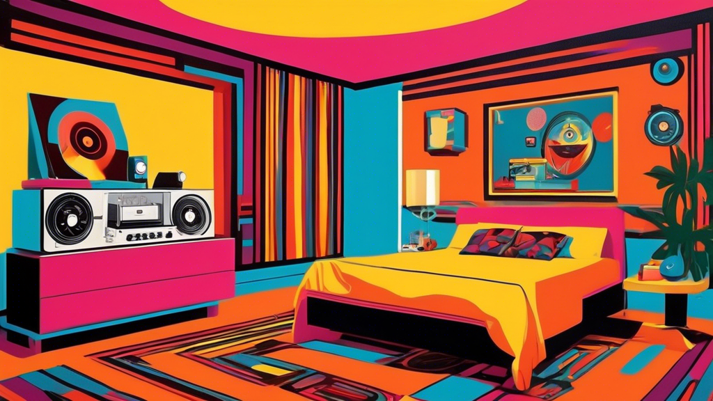 A bedroom with a record player, shag carpet, and pop art, designed in the style of a 1970s interior design magazine.