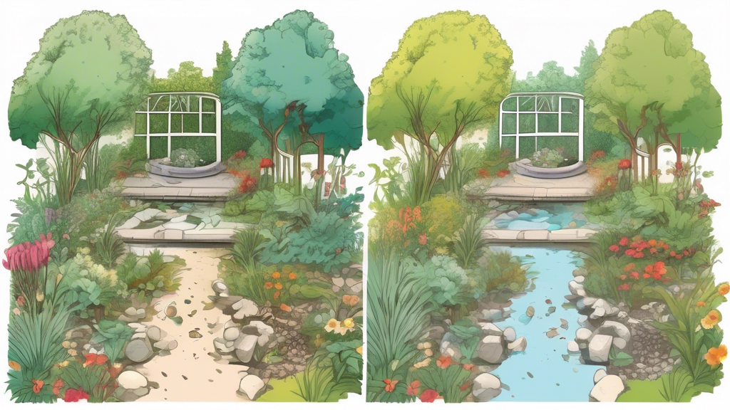 A before and after illustration showing a messy overgrown garden transformed into a tidy, organized garden with lush plants, a water feature, and gravel paths.