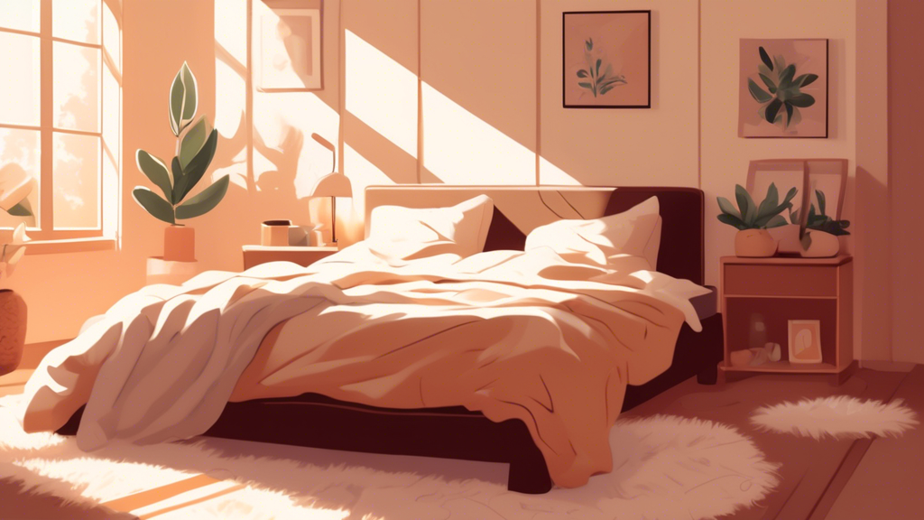 A cozy, sunlit bedroom with a comfortable bed, fluffy rug, and calming decor.