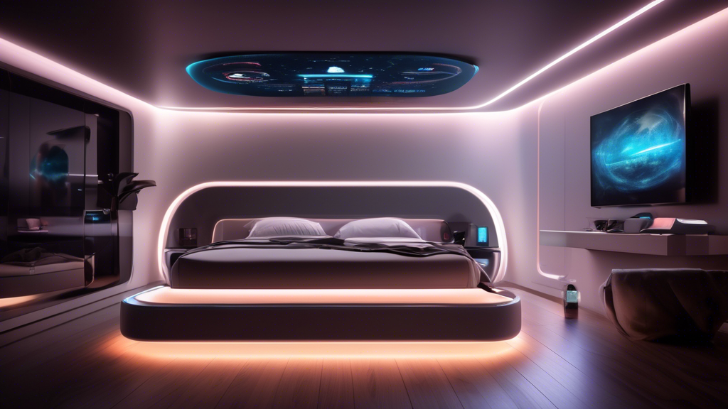 A futuristic bedroom with a smart bed, smart lighting, and a voice-activated control panel, all seamlessly integrated for ultimate comfort and convenience.