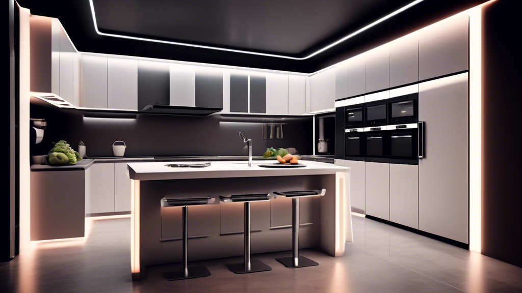 A modern kitchen with sleek appliances, touch screen control panels, and ambient lighting, futuristic and minimalist.