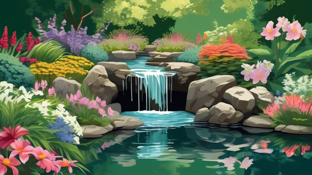 A lush garden with a modern rock waterfall cascading into a pond, surrounded by blooming flowers and greenery.