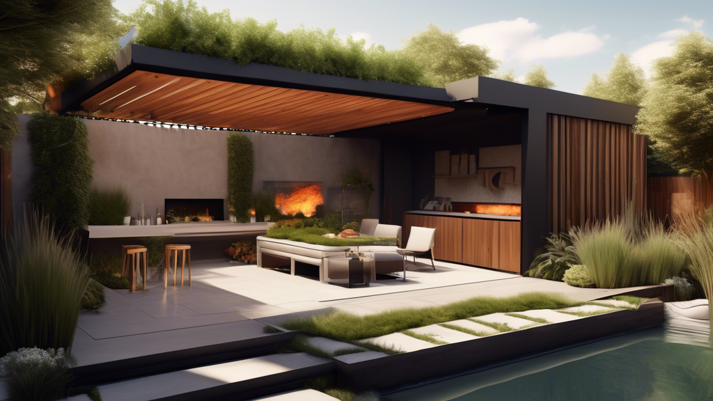 A small, modern backyard with vertical gardens, a fire pit, and a retractable awning, all made of sleek and sustainable materials.