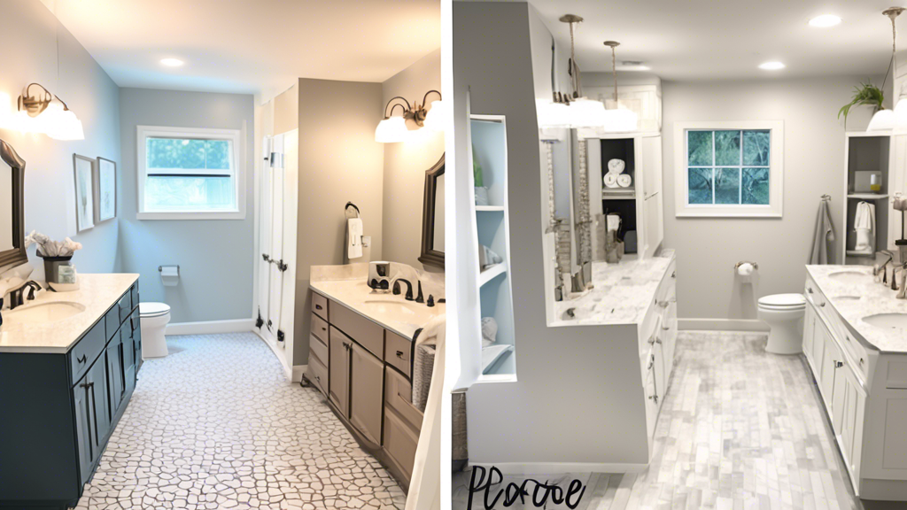 A pristine bathroom with a contrasting before and after split, highlighting common bathroom renovation mistakes like outdated fixtures, poor lighting, and cramped layout.