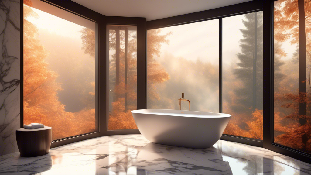 A luxurious bathroom with marble floors, a freestanding bathtub overlooking a serene forest, large windows, and a soft glowing fireplace.