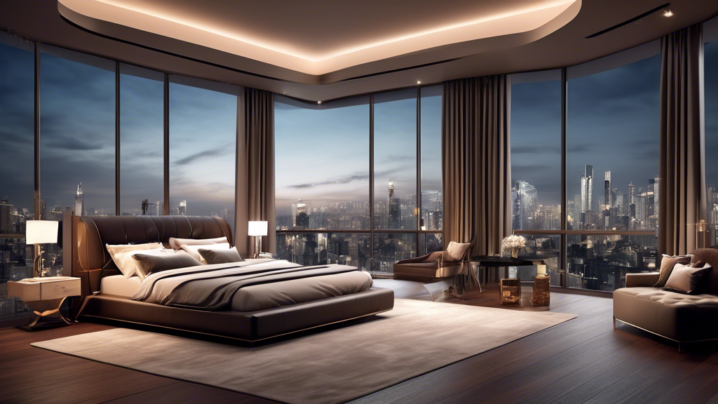 A luxurious, modern bedroom with a king-size bed, panoramic city views, and high-end finishes.