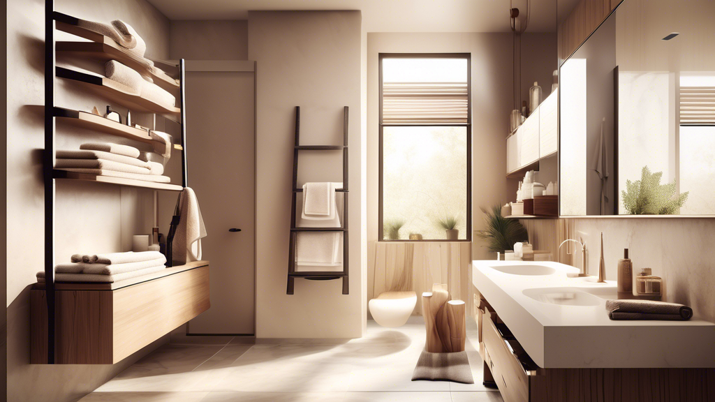 A luxurious, modern bathroom with clever storage solutions, incorporating floating shelves, built-in cabinets, and a ladder holding towels, flooded with natural light.