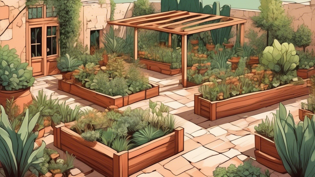 A lush garden with flourishing plants in various raised beds and planters made of wood, stone, and terracotta.