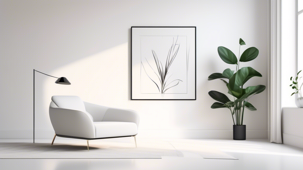 A white room with sleek furniture and minimalist decor, accented by a single plant, in a modern art style.