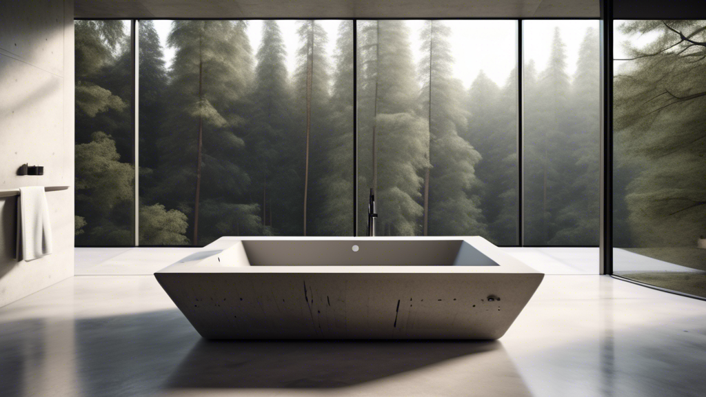 A modern bathroom with a freestanding tub, minimalist concrete vanity, and large window overlooking a serene forest, in a sleek and minimalist style.