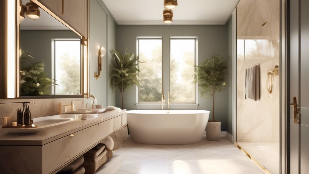 A serene and luxurious bathroom with a timeless color scheme, showcasing elegant fixtures and natural light.