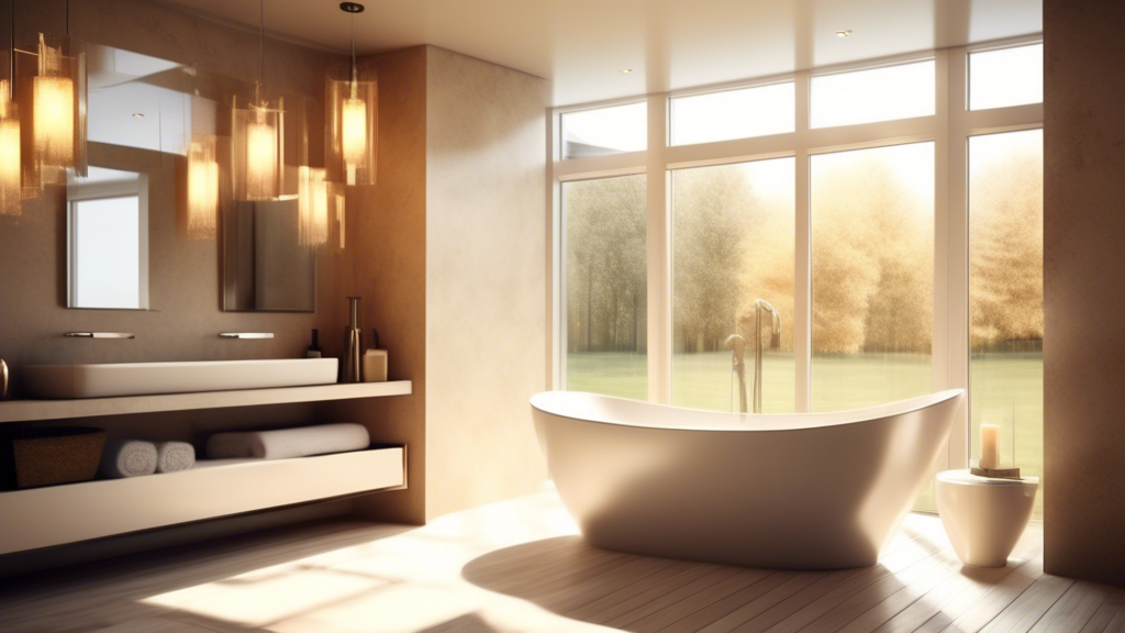 A modern bathroom with bright natural light streaming through a large window, contrasting with soft warm lighting from a stylish pendant lamp and wall sconces illuminating a luxurious bathtub.