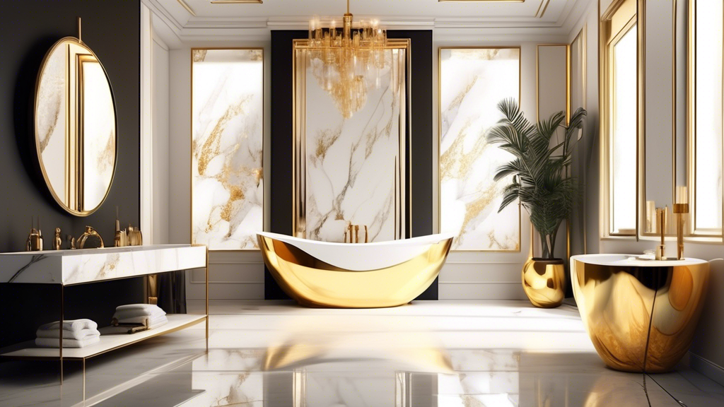 A luxurious bathroom interior with a freestanding bathtub, a modern vanity with sleek fixtures, and a large mirror reflecting gold accents.