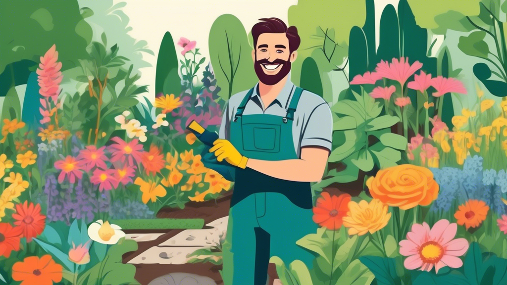 A lush garden overflowing with colorful flowers and leafy plants, with a gardener holding a trowel and smiling at the camera, a garden design plan visible in the background