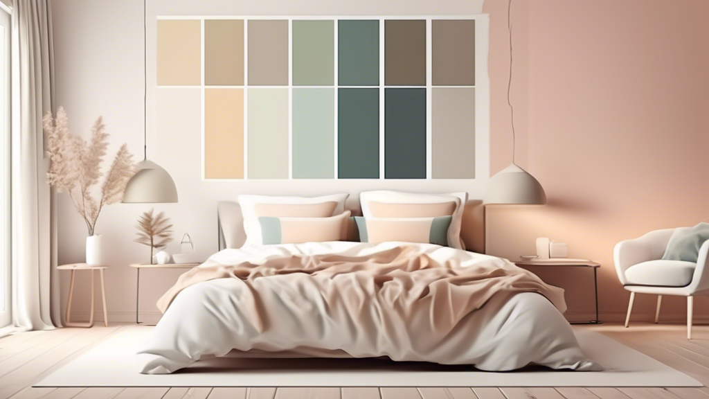 A color palette with paint swatches creating a calming and inviting bedroom atmosphere.