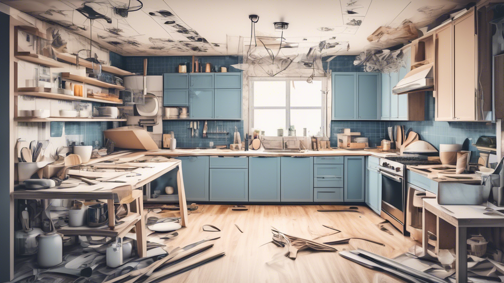 A chaotic kitchen mid-remodel with blueprints, tools, and a vision of a modern, minimalist kitchen superimposed over it.