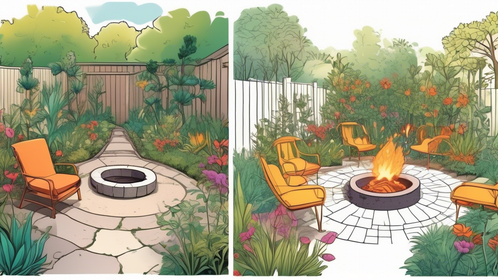 A before and after illustration of a garden, with a dull, overgrown garden transforming into a vibrant oasis with a fire pit, comfortable seating, and flourishing plants.