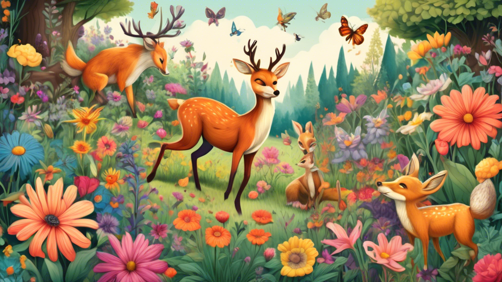 A lush garden overflowing with colorful flowers, buzzing bees, fluttering butterflies, a curious fox, and a family of deer in the background.