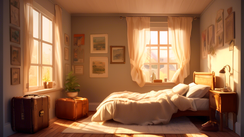 Sun-drenched spare room transformed into a cozy guest bedroom with a plush bed, soft lighting, and vintage suitcase on a wooden stool.